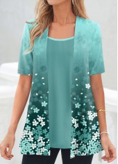 Cyan Floral Print Short Sleeve Fake Two Piece Twinset
