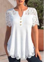 White Lace Short Sleeve Split Neck T Shirt