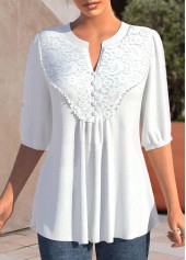 White Lace Half Sleeve Split Neck Blouse