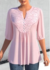 Light Pink Lace Half Sleeve Split Neck Blouse