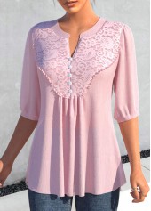 Light Pink Lace Half Sleeve Split Neck Blouse | thumb picture 