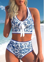 Bowknot High Waisted Tribal Print Blue Bikini Set