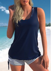 Three-Piece Mid Waisted Striped Navy Tankini Set