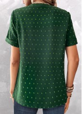 Green Jacquard Short Sleeve Split Neck Blouse