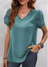 Turquoise Lace Short Sleeve V Neck Blouse
