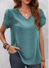 Turquoise Lace Short Sleeve V Neck Blouse | thumb picture 