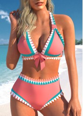 Bowknot Mid Waisted Tribal Print Pink Bikini Set