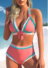 Bowknot Mid Waisted Tribal Print Pink Bikini Set | thumb picture 