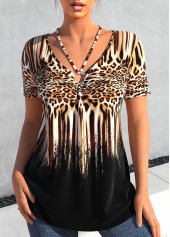 Black Circular Ring Leopard Short Sleeve T Shirt