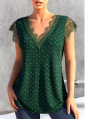 Green Patchwork Short Sleeve V Neck T Shirt