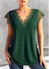 Green Patchwork Short Sleeve V Neck T Shirt