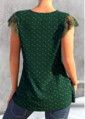 Green Patchwork Short Sleeve V Neck T Shirt