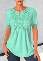 Mint Green Patchwork Short Sleeve Split Neck Blouse
