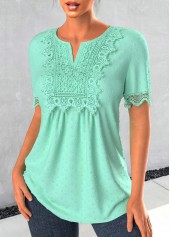 Mint Green Patchwork Short Sleeve Split Neck Blouse | thumb picture 