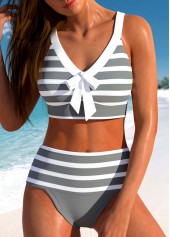 Patchwork High Waisted Striped Grey Bikini Set