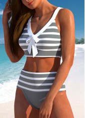 Patchwork High Waisted Striped Grey Bikini Set | thumb picture 