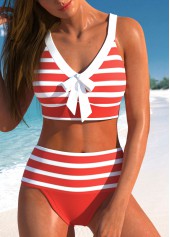 Patchwork High Waisted Striped Coral Bikini Set