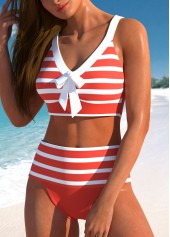 Patchwork High Waisted Striped Coral Bikini Set | thumb picture 