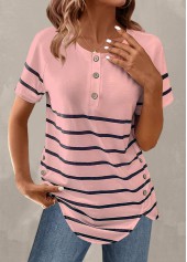 Light Pink Button Striped Short Sleeve T Shirt