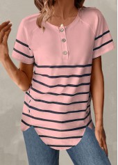 Light Pink Button Striped Short Sleeve T Shirt | thumb picture 
