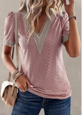 Pink Patchwork Short Sleeve V Neck T Shirt