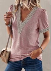 Pink Patchwork Short Sleeve V Neck T Shirt | thumb picture 