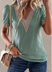 Green Patchwork Short Sleeve V Neck T Shirt | thumb picture 