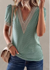 Green Patchwork Short Sleeve V Neck T Shirt