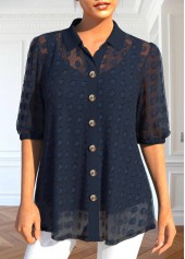 Navy Button Half Sleeve Shirt Collar Blouse