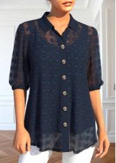 Navy Button Half Sleeve Shirt Collar Blouse | thumb picture 