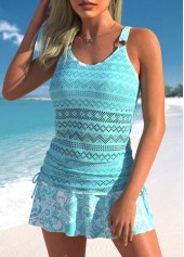 Lace Drawstring Mid Waisted Paisley Print Cyan Tankini Set | thumb picture 