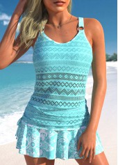 Lace Drawstring Mid Waisted Paisley Print Cyan Tankini Set