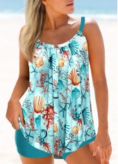 Asymmetry Mid Waisted Plants Print Green Tankini Set