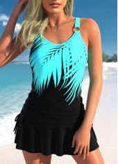 Drawstring Tropical Plants Print Black Tankini Set