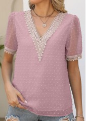 Pink Patchwork Short Sleeve V Neck Blouse