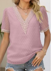 Pink Patchwork Short Sleeve V Neck Blouse