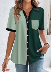 Green Button Short Sleeve Shirt Collar Blouse