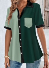 Green Button Short Sleeve Shirt Collar Blouse | thumb picture 