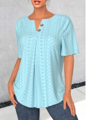 Light Blue Jacquard Short Sleeve Split Neck Blouse