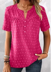 Hot Pink Jacquard Short Sleeve Split Neck Blouse