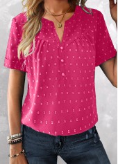 Hot Pink Jacquard Short Sleeve Split Neck Blouse | thumb picture 