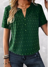 Green Jacquard Short Sleeve Split Neck Blouse | thumb picture 
