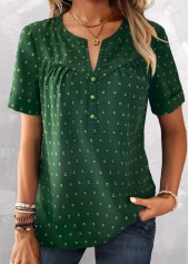 Green Jacquard Short Sleeve Split Neck Blouse