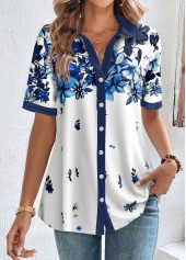 White Button Floral Print Short Sleeve Blouse