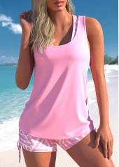 Three-piece Mid Waisted Geometric Print Pink Tankini Set