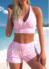 Three-piece Mid Waisted Geometric Print Pink Tankini Set | thumb picture 