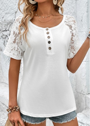 Modlily White Button Short Sleeve Round Neck T Shirt - XL