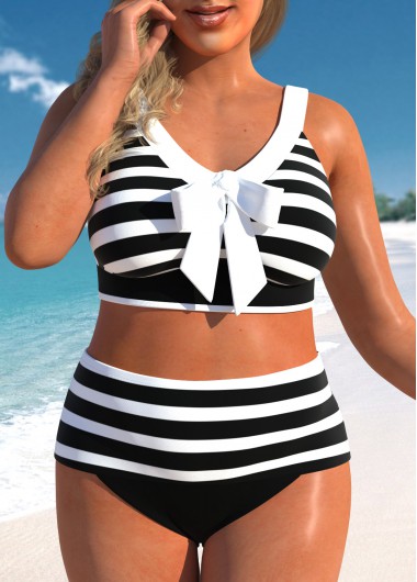 women clothes image of Plus Size Bowknot Black Striped Bikini Set