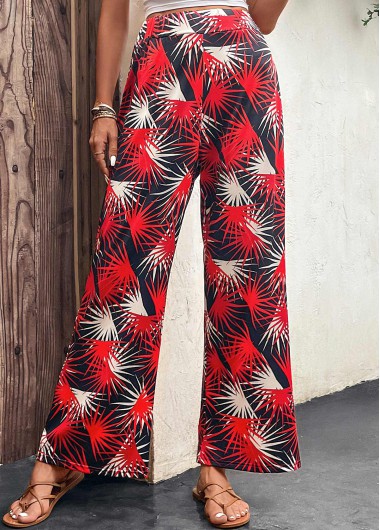 Red Lightweight Leaf Print Elastic Waist Pants | modlily.com - USD 22.98