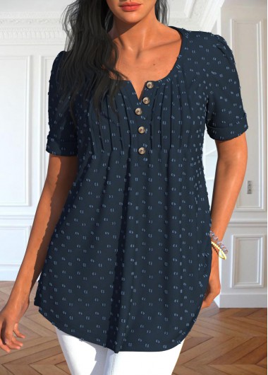 women clothes image of Navy Tuck Stitch Short Sleeve Split Neck Blouse